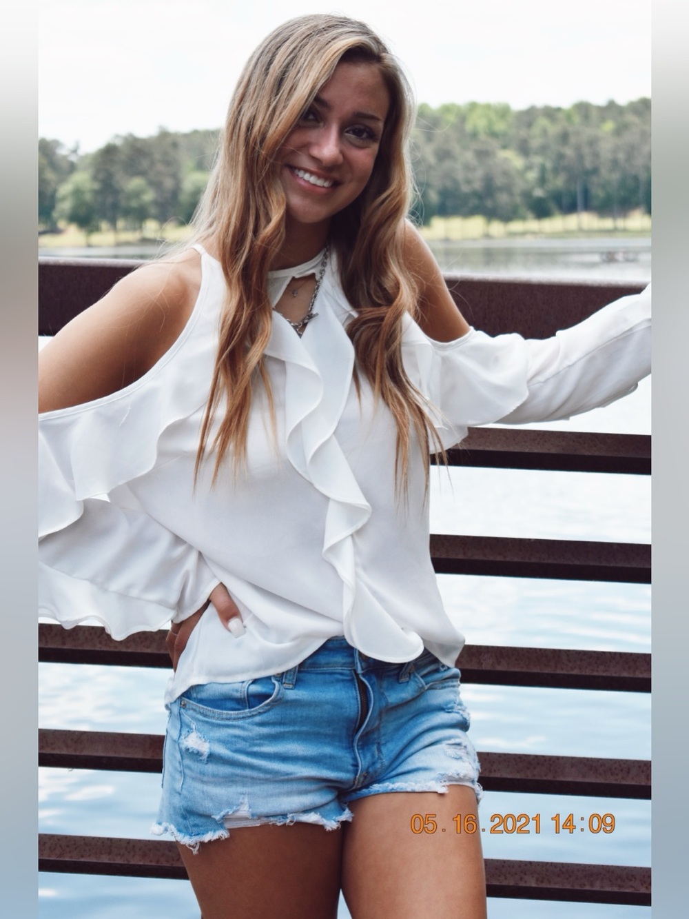 Love Letter Collection Ruffled white open shoulder sleeves Blouse - Size Medium